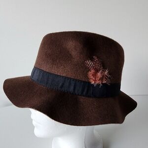 100% Wool Fedora Hat Floppy Unstructured‎ Ribbon Band Feather Felt Bucket Brown